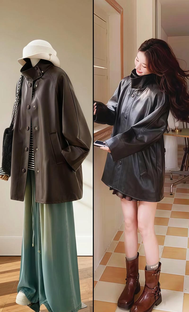 女装皮衣中长款搭配图片-图2