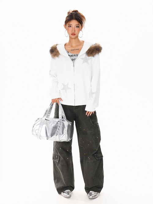 秀美星星女装毛领外套-图2